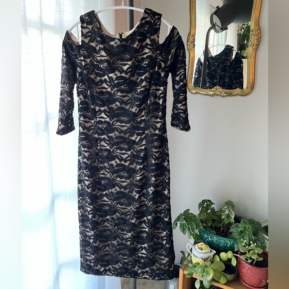 Eliza J Black Lace Overlay Midi Dress - Shoulderless - Picture 1 of 5